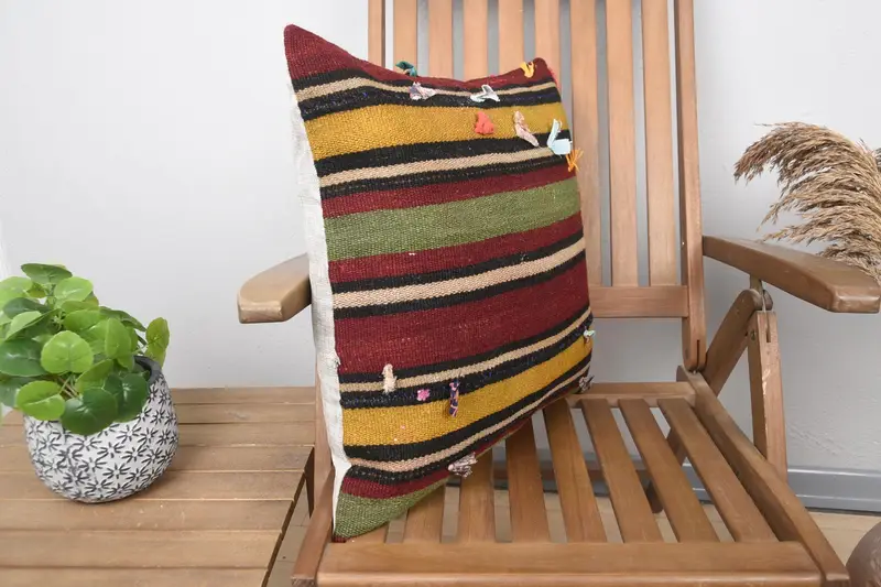 20x20 Yellow Pillow Case, Throw Kilim Pillow, Armchair Cushion, Boho Pillow, Garden Cushion Cover, Cushion, Natural Pillow Cover, Antique Pillows - 2