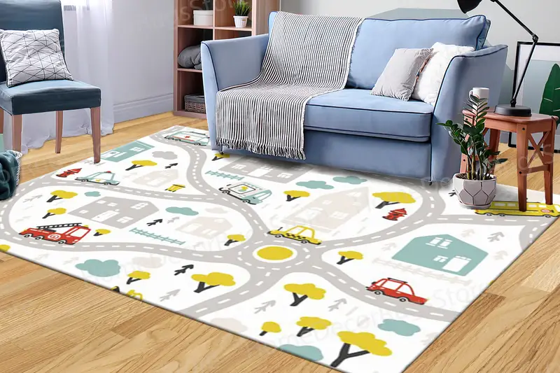 都市景観プリントラグ: モダンな生活空間のための都会的なデザイン