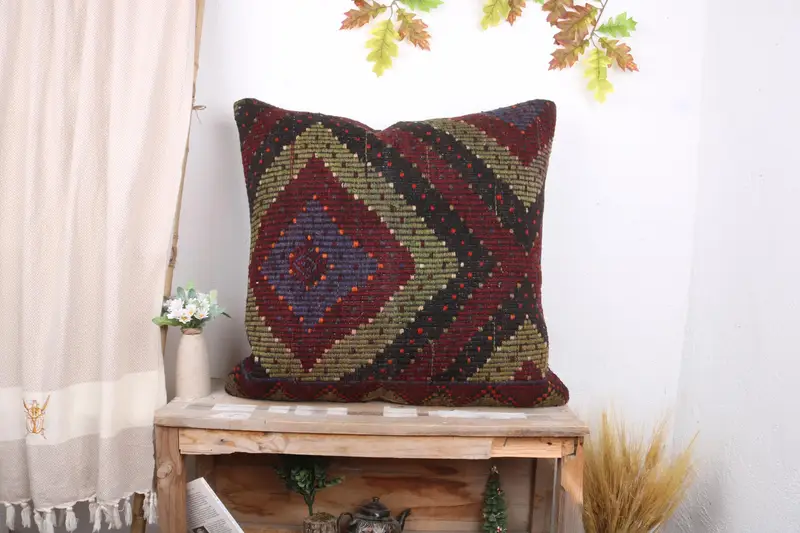 Home Decor Pillow, Cushion Case, Anatolian Cushion, Boho Pillow, Wool Kilim Pillow Pillow Sham, 28x28 Red Pillow Cover, Vintage Kilim Pillow - 1