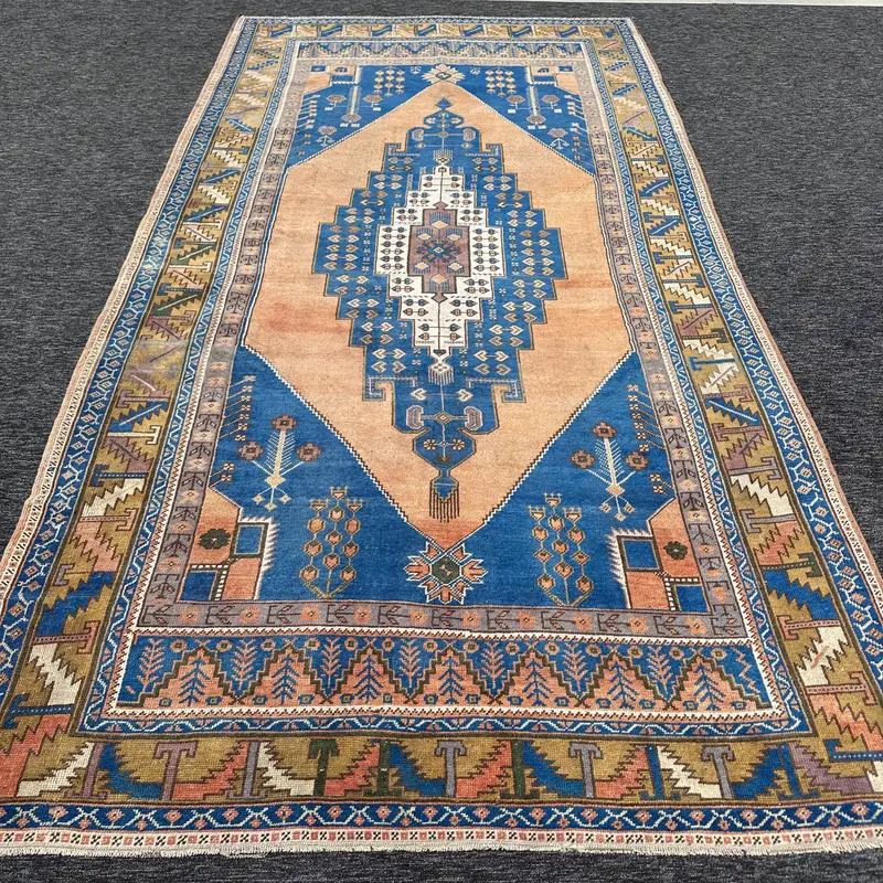 0,5x11,6 ft Vintage Teppich, Oushak Teppich, blauer Blumenteppich aus Wolle - 1