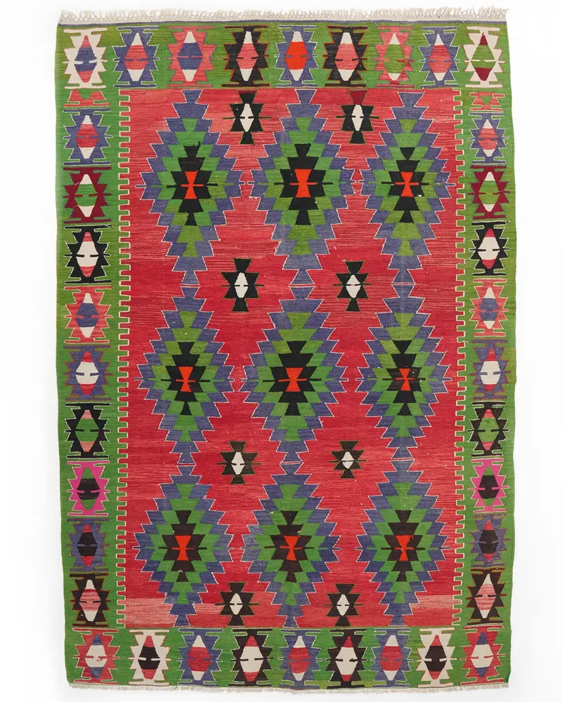 Yeşil Desenli Kırmızı Halı, 6x9,1 ft Zarif Döşeme