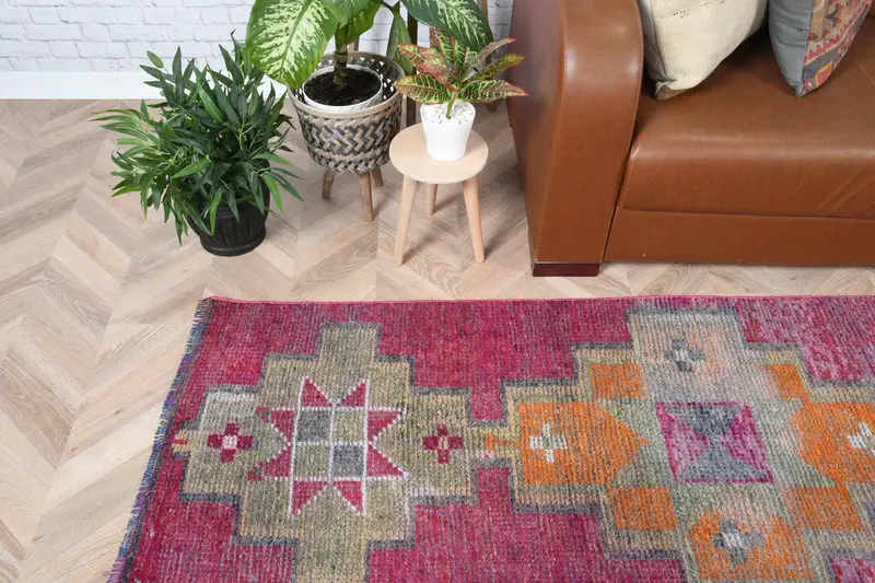 2.3x9 ft Turkish Oushak Rug, Red Southwestern Vintage Wool Rug - 1