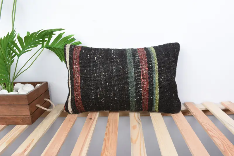 12x20 Black Cushion Cover, Vintage Pillow, Antique Pillows, Oriental Pillow Sham, Kilim Pillow, Cushion, Tapestry Pillow Case - 1