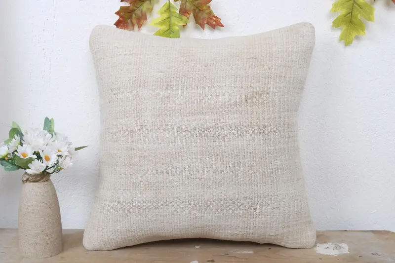 Vintage Kilim Throw Pillow, Turkish Kilim Pillow, 16x16 Beige Pillow, Pillow Cover, Chair Pillow, Handmade Kilim Cushion - 2