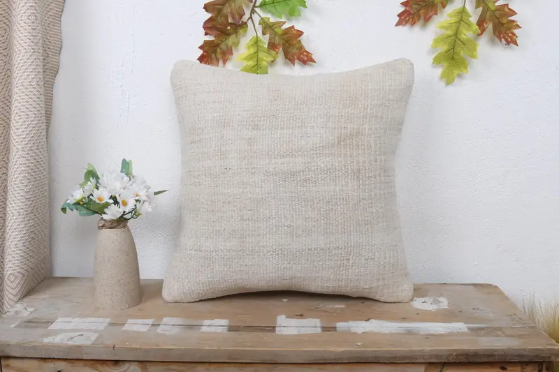 Vintage Kilim Throw Pillow, Turkish Kilim Pillow, 16x16 Beige Pillow, Pillow Cover, Chair Pillow, Handmade Kilim Cushion - 1
