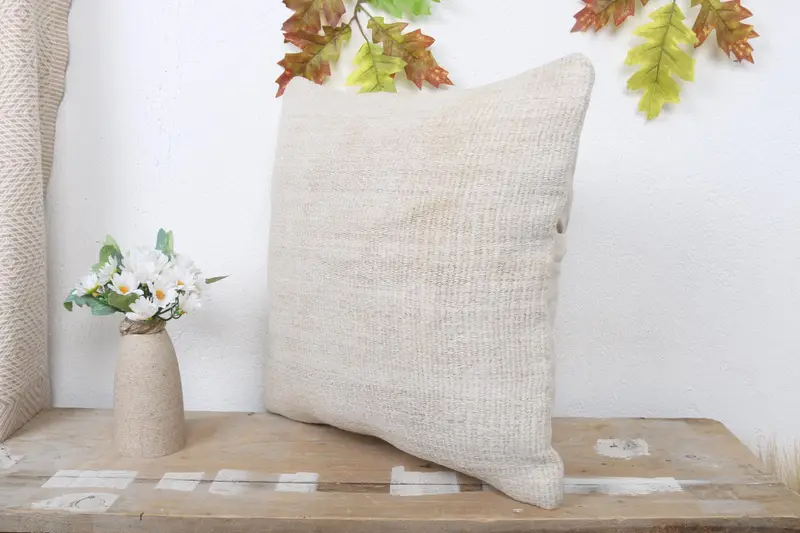 Vintage Kilim Throw Pillow, Turkish Kilim Pillow, 16x16 Beige Pillow, Pillow Cover, Chair Pillow, Handmade Kilim Cushion - 4