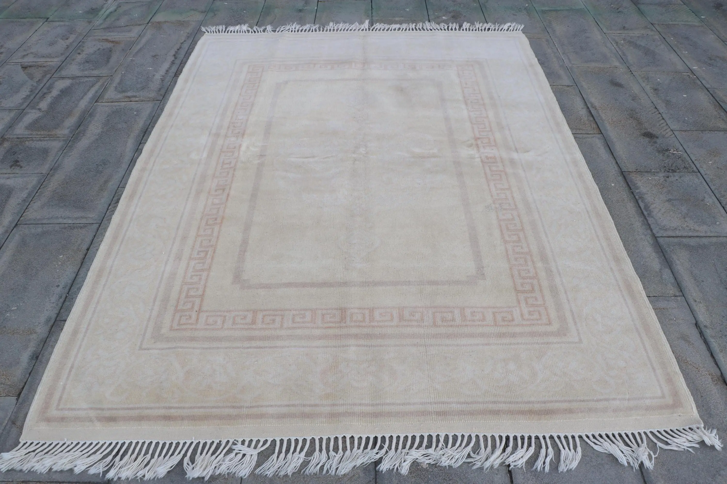 5.4x7.3 ft Area Turkish Vintage Rug, White Floral Wool Rug - 1