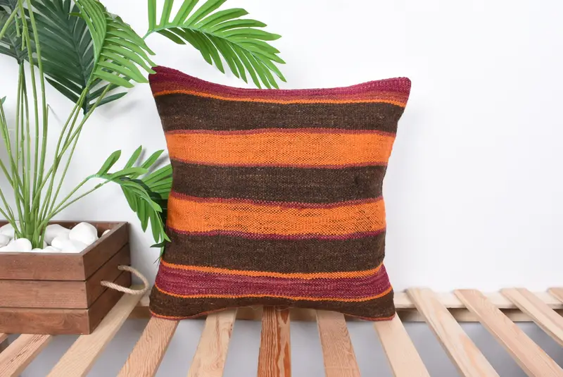 Boho Pillow, Vintage Kilim Pillow, Bohemian Cushion Cushion Cover, Couch Cushion Cover, Boho Pillow Sham Cover, 16x16 Orange Cushion, Pillow Cover - 1