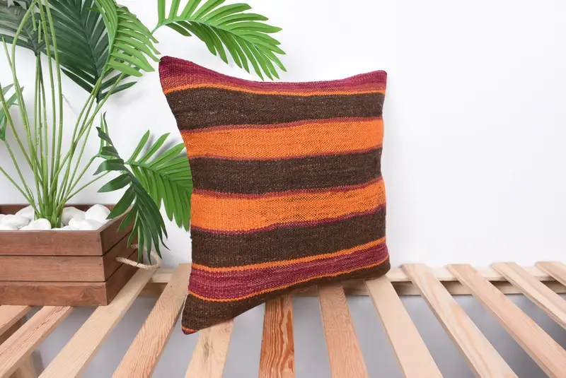 Boho Pillow, Vintage Kilim Pillow, Bohemian Cushion Cushion Cover, Couch Cushion Cover, Boho Pillow Sham Cover, 16x16 Orange Cushion, Pillow Cover - 4