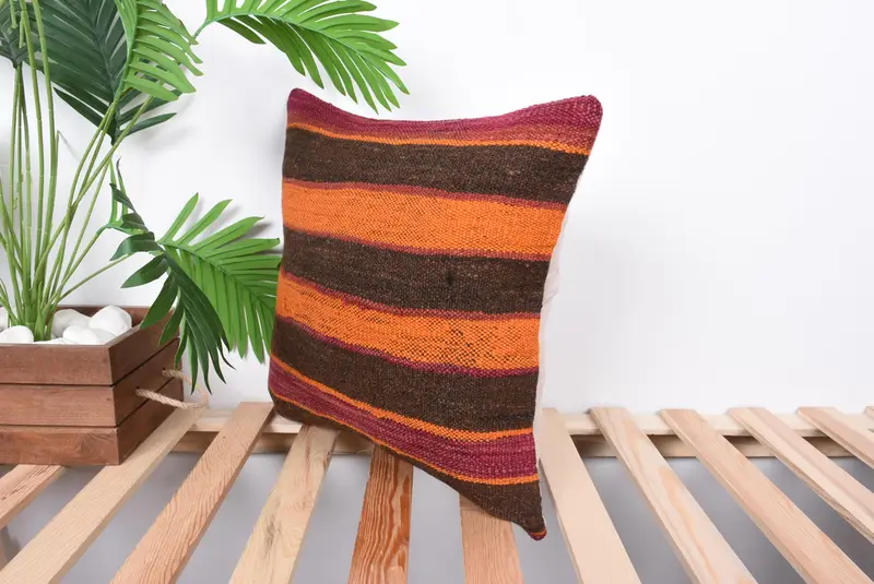 Boho Pillow, Vintage Kilim Pillow, Bohemian Cushion Cushion Cover, Couch Cushion Cover, Boho Pillow Sham Cover, 16x16 Orange Cushion, Pillow Cover - 5