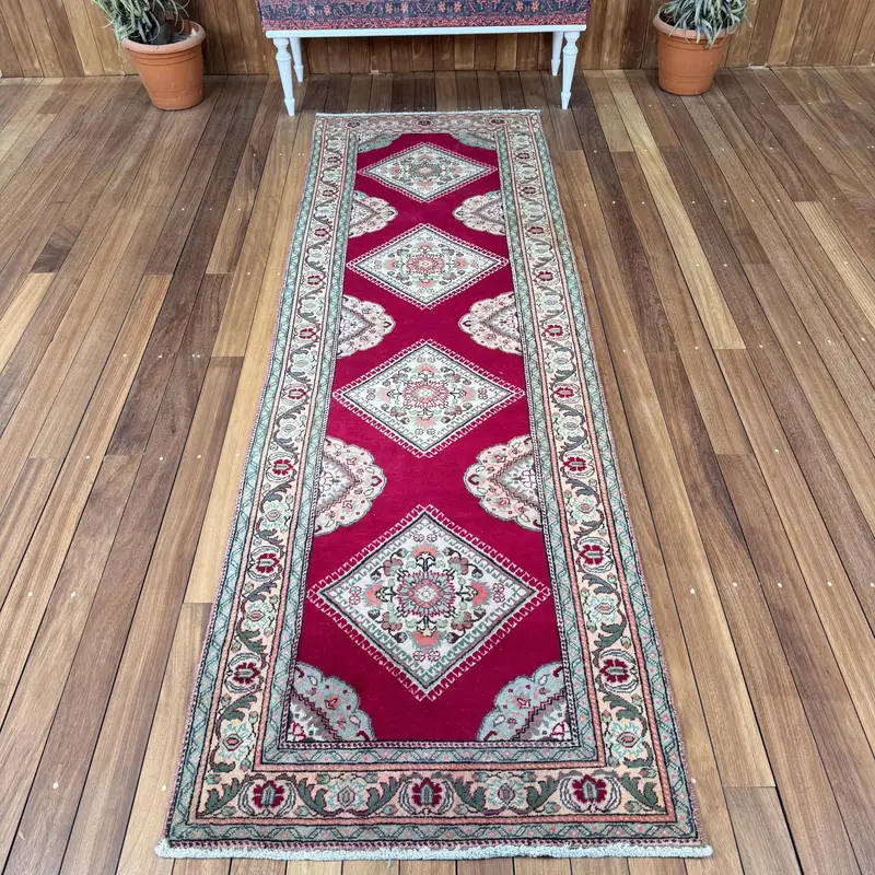 Türk Vintage Halısı, 2.9x9.2 ft Oushak Halısı, Kırmızı Yolluk Halısı - 1