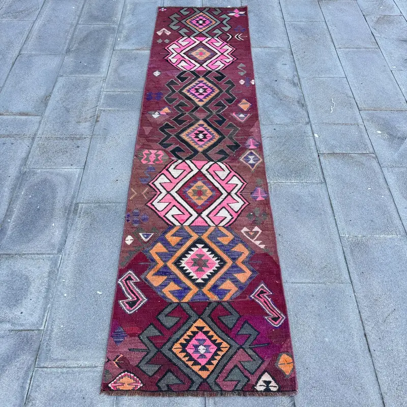 Pembe ve Turuncu Kareli Halı, 2,2x9,1 ft Şık Dekor
