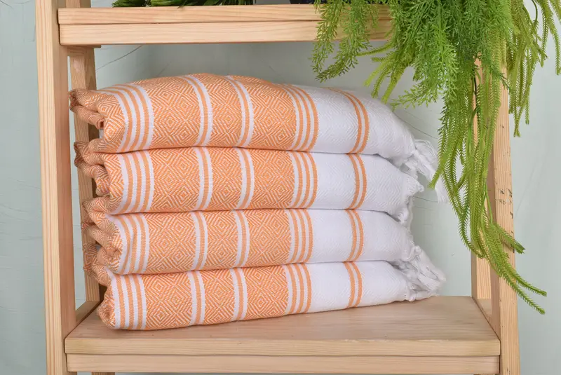 Turkish Tea Towel Monogram Hand Towel, 18x40 Inches, Orange-White Organic Cotton/Linen