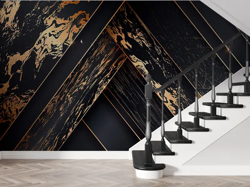 Bright Wall Paper,Black Wall Print,Black Gold Abstract Wall Art,Modern Wall Paper,Gold Mural,3d Wall Paper,Modern Mural, - 2