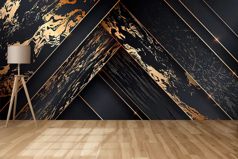 Bright Wall Paper,Black Wall Print,Black Gold Abstract Wall Art,Modern Wall Paper,Gold Mural,3d Wall Paper,Modern Mural, - 3