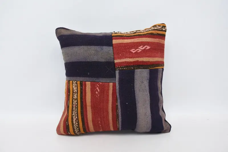 Besticktes blaues und rotes Hanf-Wurfkissen, Vintage-Blumenkissen