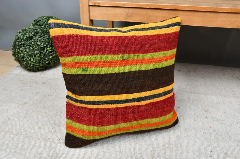 18x18 Red Pillow Sham, Ethnical Kilim Rug Pillow, Handmade Cushion, Retro Throw Cushion Case, Vintage Pillow, Handmade Kilim Cushion, Pillow Sham - 7