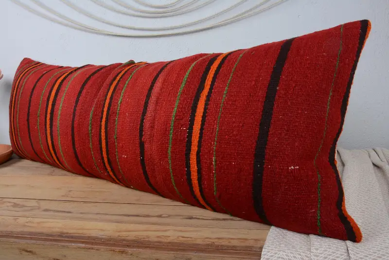 Authentic Pillow Case, Turkish Kilim Pillow, Ethnical Kilim Rug Pillow, Kilim Cushion Sham, Pillow Case, 16x48 Red Pillow Sham - 4