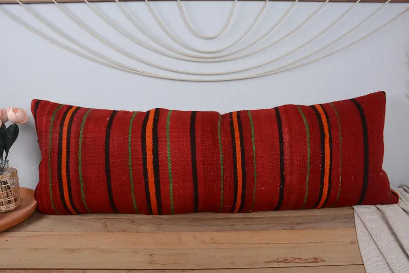 Authentic Pillow Case, Turkish Kilim Pillow, Ethnical Kilim Rug Pillow, Kilim Cushion Sham, Pillow Case, 16x48 Red Pillow Sham - 2