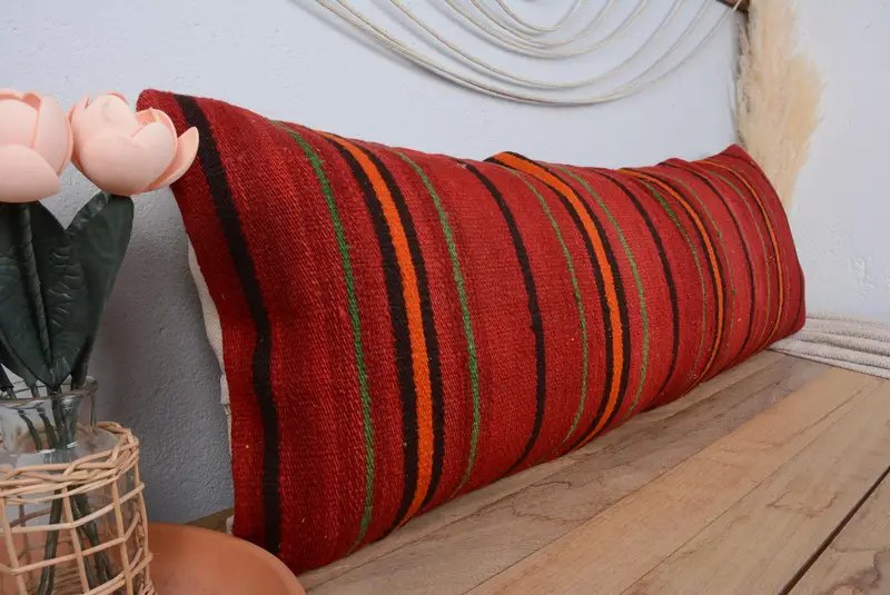 Authentic Pillow Case, Turkish Kilim Pillow, Ethnical Kilim Rug Pillow, Kilim Cushion Sham, Pillow Case, 16x48 Red Pillow Sham - 1