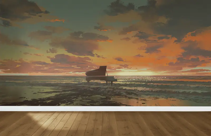 エレガントなプリント壁紙: 現代的な空間のための夕日の海景