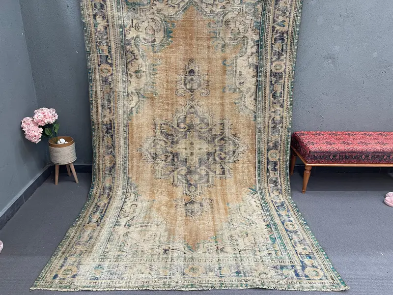6x9.8 ft Vintage Oushak Rug, Turkish Rug, Blue Plants & trees Wool Rug - 1