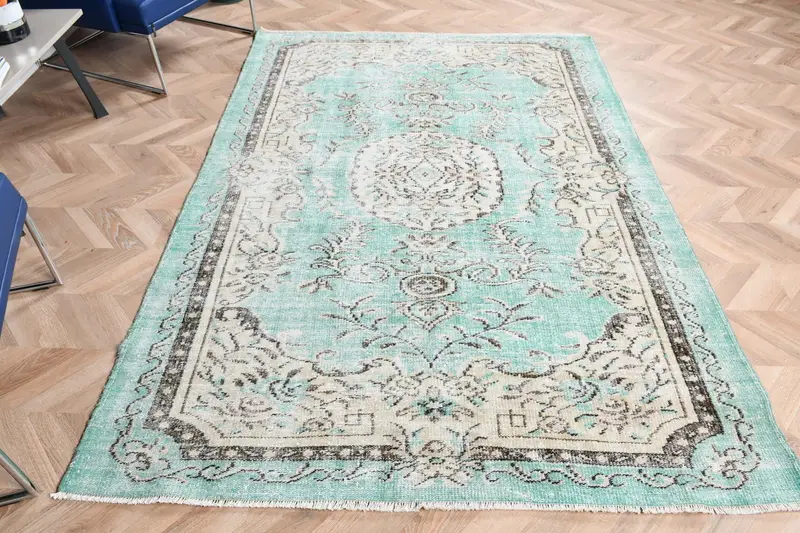 5.3x7.7 ft Büyük Eski Türk Halısı, Mavi Oryantal Yün Halı - 1