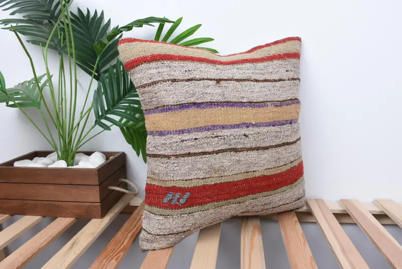 18x18 Beige Pillow, Cushion, Handmade Kilim Cushion, Tribal Cushion Cover, Kilim Pillow, Home Decor Pillow, Bed Cushion Cover - 4