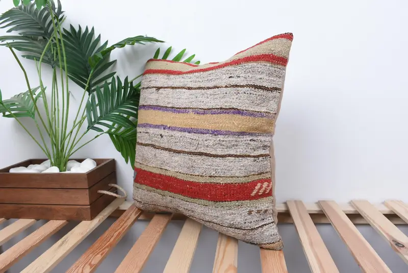 18x18 Beige Pillow, Cushion, Handmade Kilim Cushion, Tribal Cushion Cover, Kilim Pillow, Home Decor Pillow, Bed Cushion Cover - 5