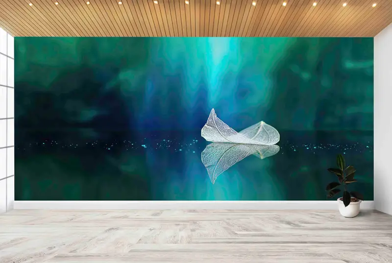 Zarif Baskılı Duvar Kağıdı: Doğa Yaprağı, Beyaz Yaprak, Göl Manzaralı