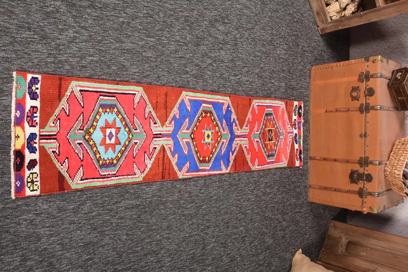 1.5x6 ft Türk Yolluk Halısı, Kırmızı Mavi Vintage Geometrik Yün Halı - 1