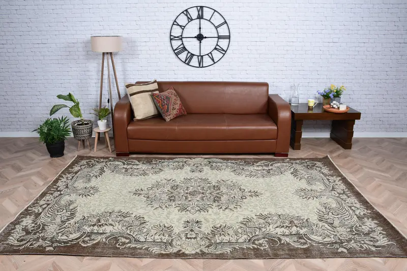 Türk Vintage Halısı, 5.8x9.4 ft Büyük Halı, Kahverengi Gri Kareli Halı - 1