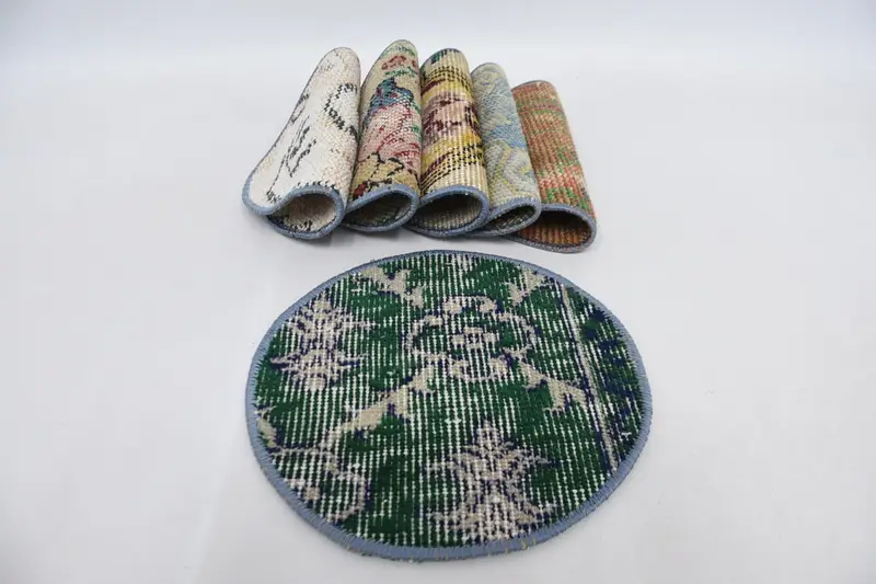 Mantel individual bohemio con círculo verde y beige, mantel individual bohemio de algodón y lana