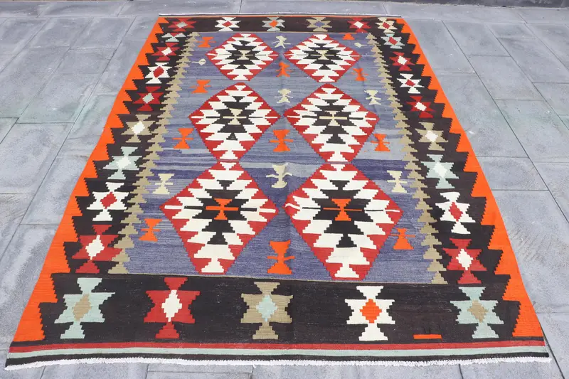 Purple Ikat Rug, 5.4x8.2 ft with Red Accents