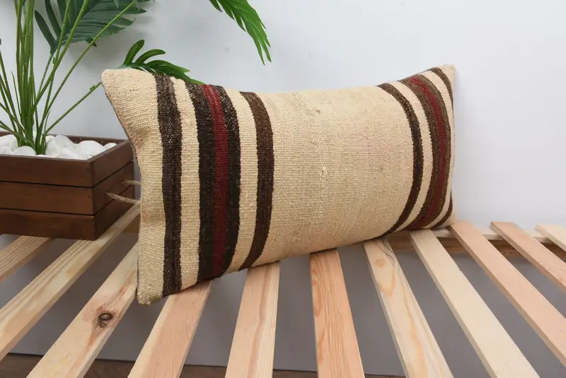 Vintage Kilim Throw Pillow, Comfy Throw Cushion, Handmade Kilim Cushion, Bench Cushion Cover, Cushion Case, Kilim Pillow, 12x24 Beige Pillow Sham - 4