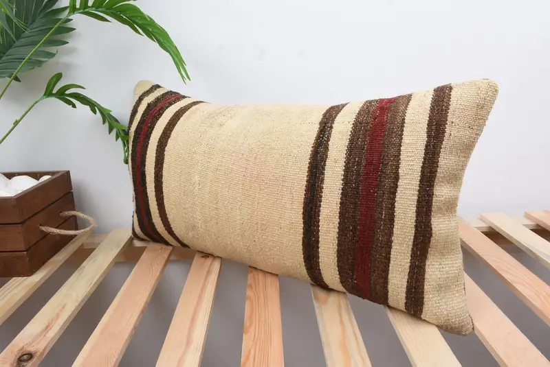 Vintage Kilim Throw Pillow, Comfy Throw Cushion, Handmade Kilim Cushion, Bench Cushion Cover, Cushion Case, Kilim Pillow, 12x24 Beige Pillow Sham - 5