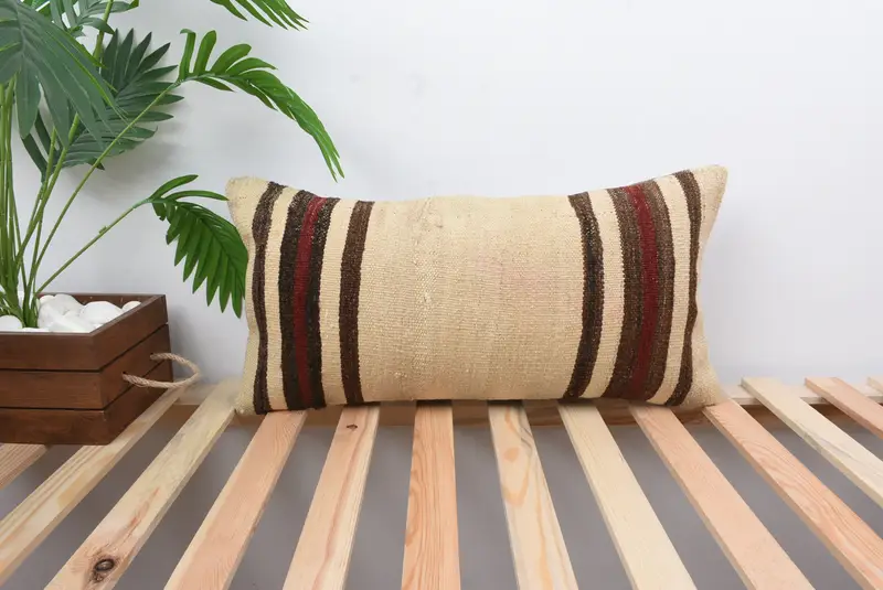 Vintage Kilim Throw Pillow, Comfy Throw Cushion, Handmade Kilim Cushion, Bench Cushion Cover, Cushion Case, Kilim Pillow, 12x24 Beige Pillow Sham - 1