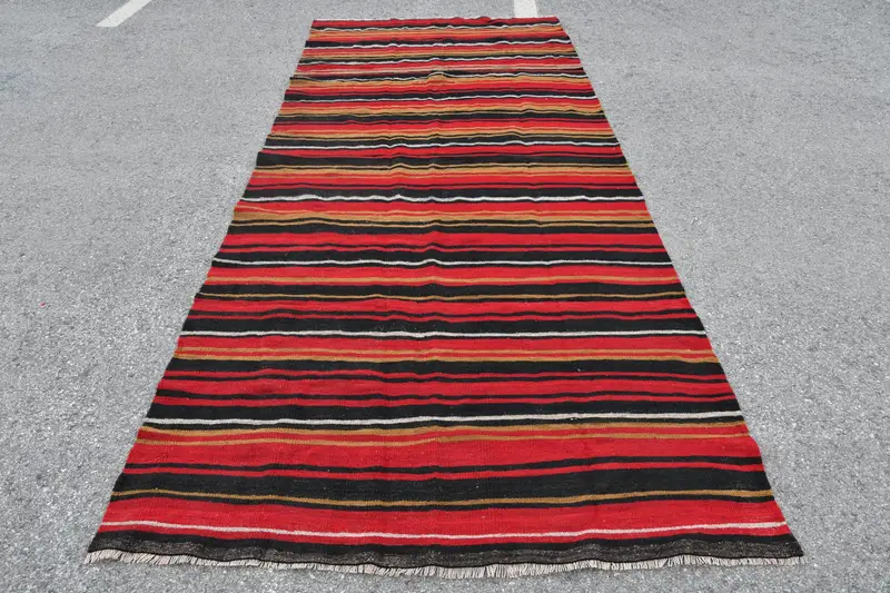 Vintage Kilim Large Rug 4.8x11.5 ft (147x350 cm), Turkish Red Oriental Wool Rug - 1