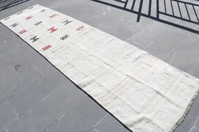 Alfombra Vintage Runner 3x11,8 pies, alfombra turca de lana abstracta blanca Oushak - 1