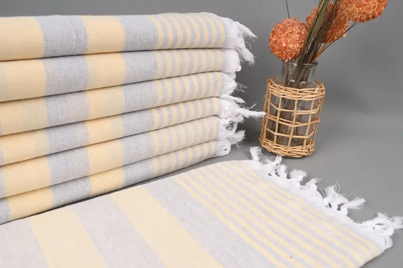 İşlemeli Türk Plaj Havlusu Sarı-Gri Çizgili, 36x67 İnç