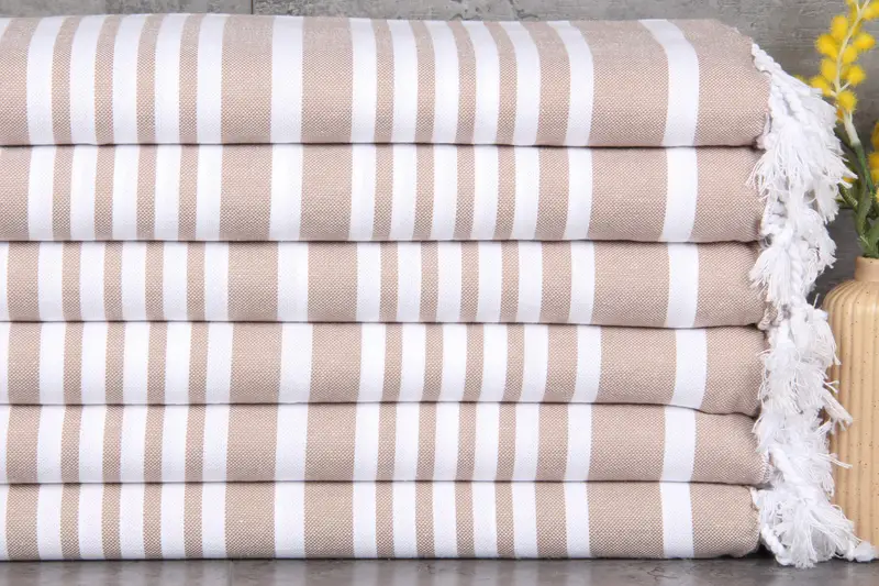 Turkish Bath Towel Personalized Brown Stripes, Beige, 40x79 Inches