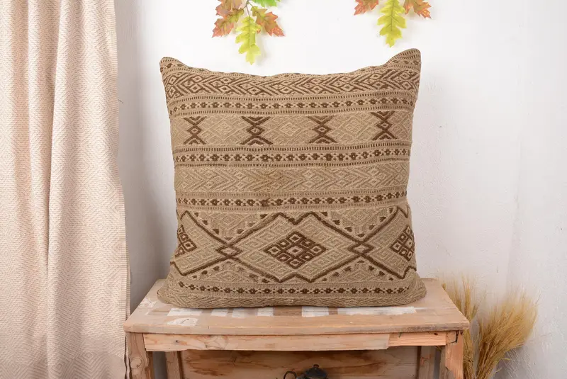 Beige & Brown Embroidered Southwestern Pillow, Handmade Throw Pillow