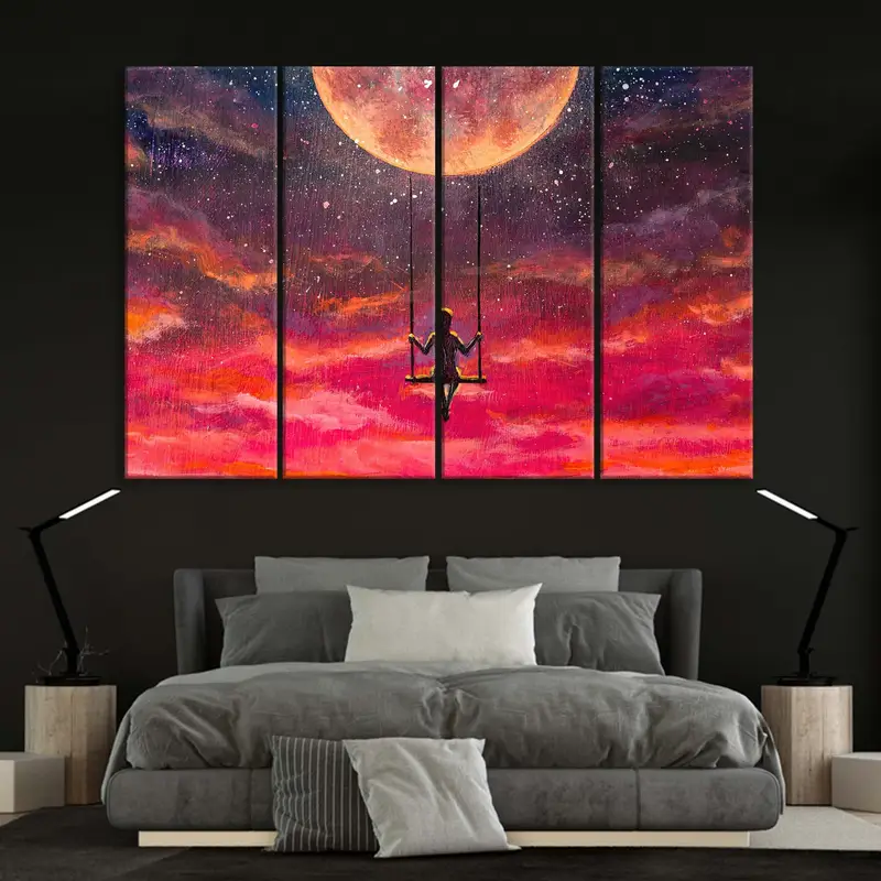 Luna y niña, nubes rojas Arte de pared, arte de la pared de la luna, arte de pared abstracto, lienzo de luna, arte de pared moderno, lienzo abstracto, lienzo de arte de pared, lienzo - 8