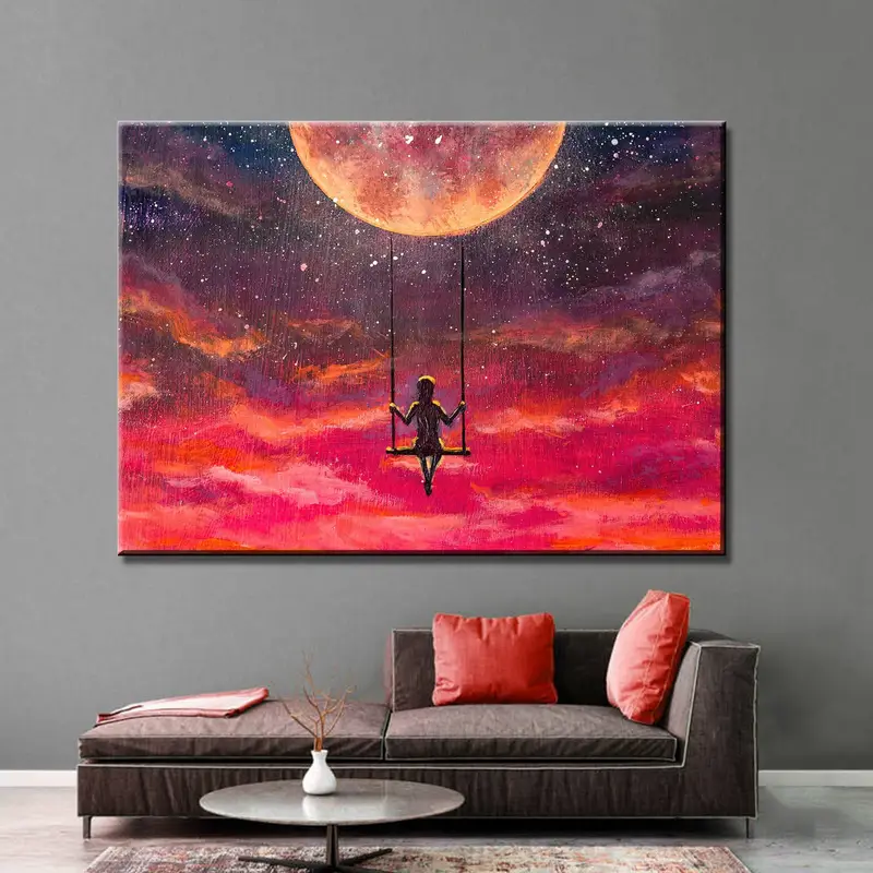 Luna y niña, nubes rojas Arte de pared, arte de la pared de la luna, arte de pared abstracto, lienzo de luna, arte de pared moderno, lienzo abstracto, lienzo de arte de pared, lienzo - 6