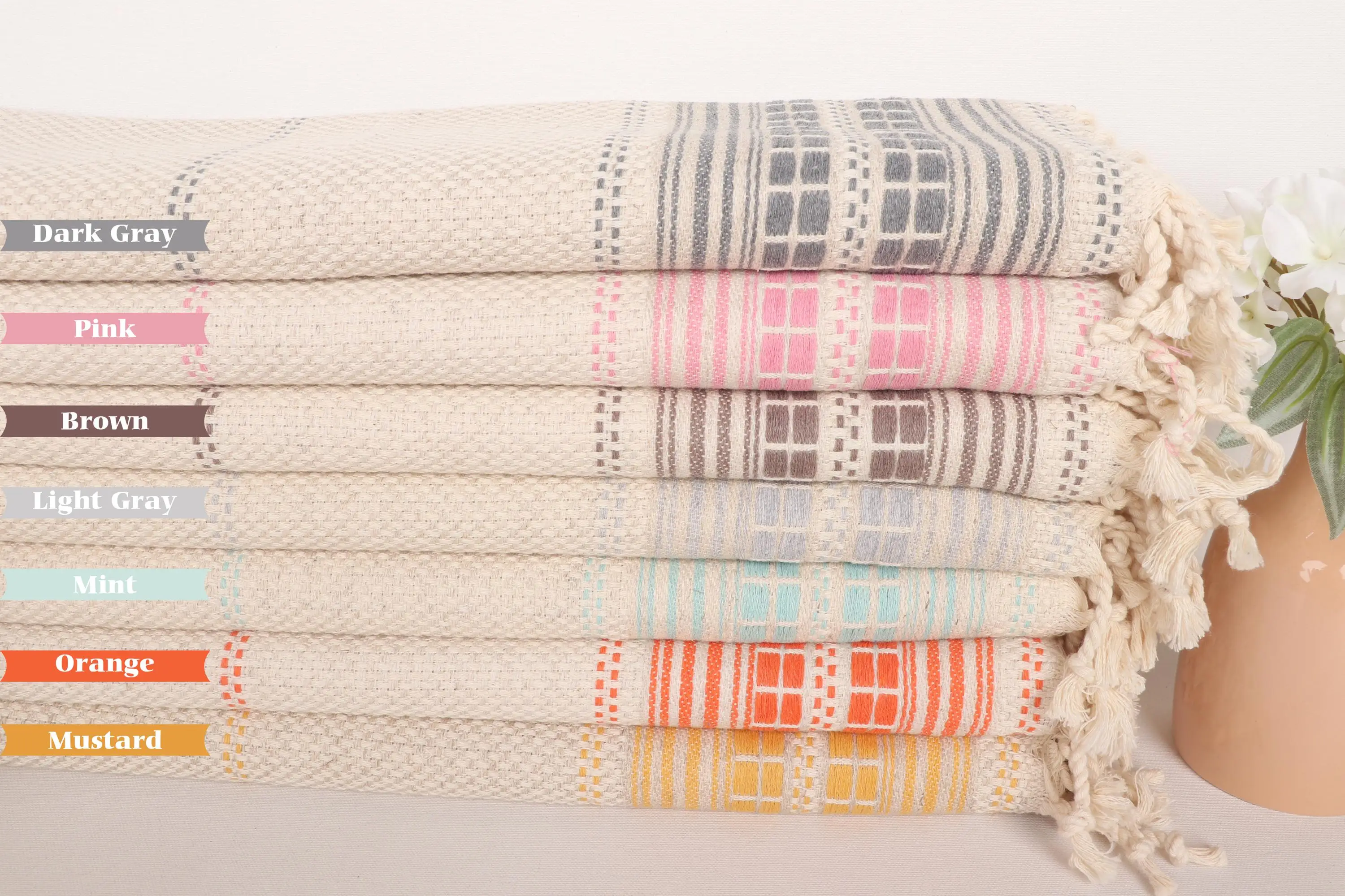 Bathroom Hand Towel Cotton Organic Beige Striped, 20x40 Inches - 1