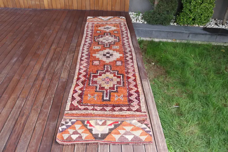 2.4x9.4 ft Runner Turkish Rug, Vintage Rug, Orange Purple Plants & trees Wool Rug - 1