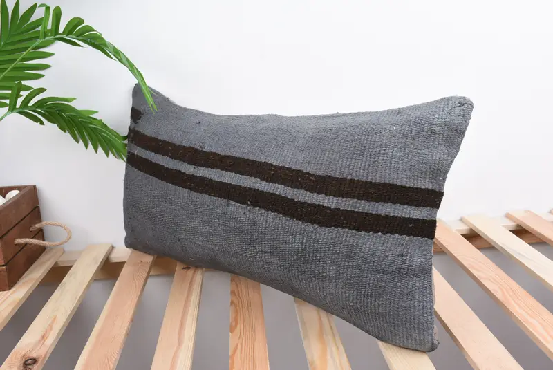 Throw Kilim Pillow, Ethnic Throw Pillow Case, 12x24 Gray Cushion Cover, Handmade Kilim Cushion, Cushion Cover, Turkish Kilim Pillow - 5