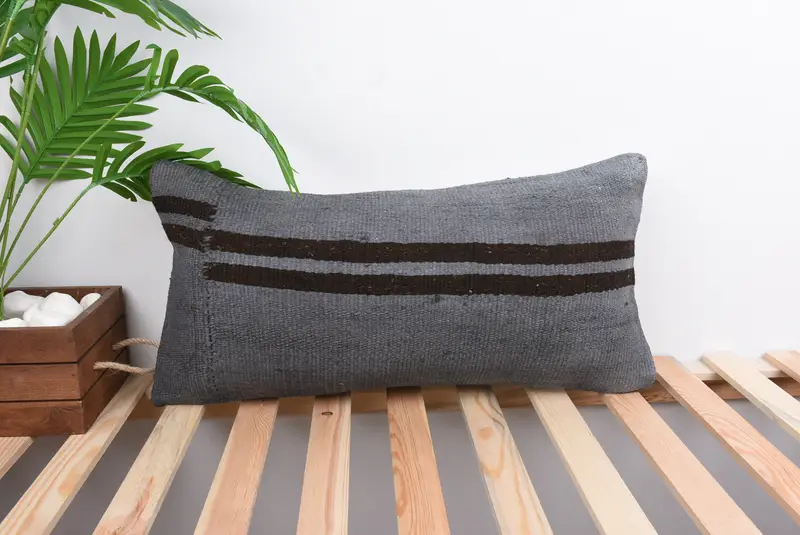 Throw Kilim Pillow, Ethnic Throw Pillow Case, 12x24 Gray Cushion Cover, Handmade Kilim Cushion, Cushion Cover, Turkish Kilim Pillow - 1