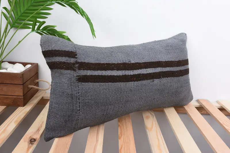 Throw Kilim Pillow, Ethnic Throw Pillow Case, 12x24 Gray Cushion Cover, Handmade Kilim Cushion, Cushion Cover, Turkish Kilim Pillow - 4