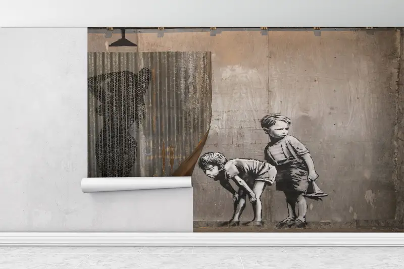 Peeping Tom Boys Wall Mural, Banksy Wall Art, Banksy Woman Mural, Street Wall Paper, Painting Wall Mural, Graffiti Mural, - 1
